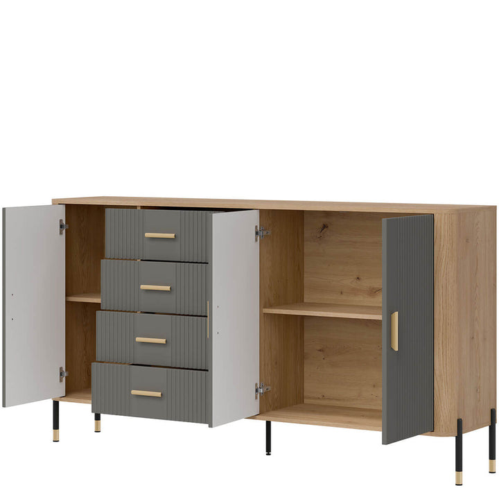 Фото вигляду справа наповнення комода DANTE LIVEO DT10 дуб кремона торро / сірий / золоті ручки