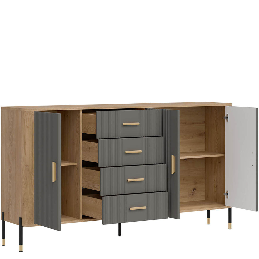 Фото вигляду зліва наповнення комода DANTE LIVEO DT10 дуб кремона торро / сірий / золоті ручки