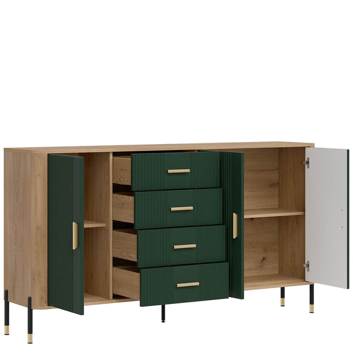 Фото вигляду зліва наповнення комода DANTE LIVEO DT10 дуб кремона торро / зелений / золоті ручки