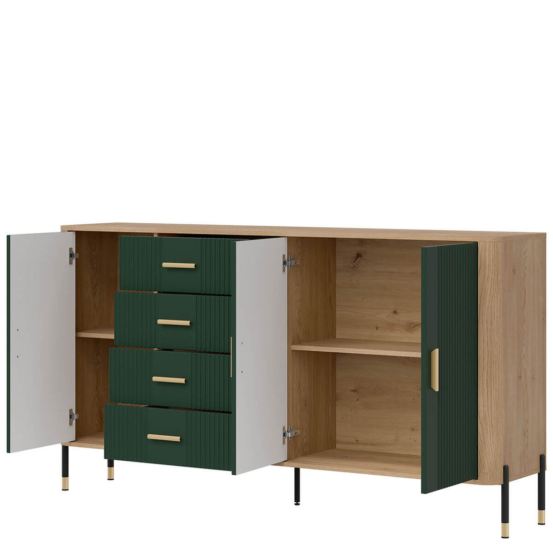 Фото вигляду справа наповнення комода DANTE LIVEO DT10 дуб кремона торро / зелений / золоті ручки