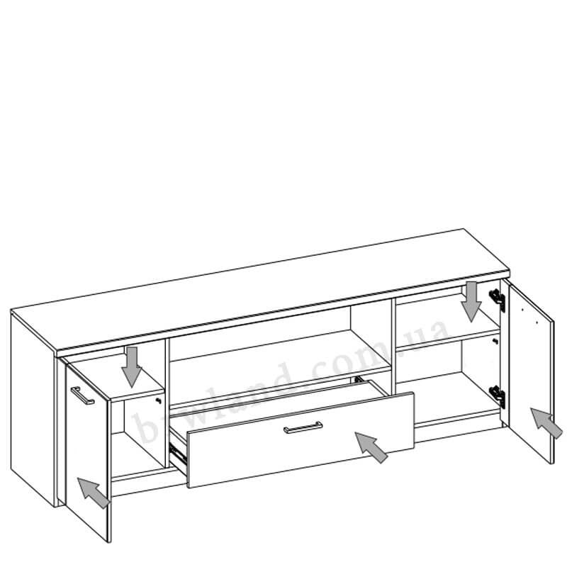 На фото схема наповнення тумби під телевізор DOORSET MEBELBOS 2D1S/180