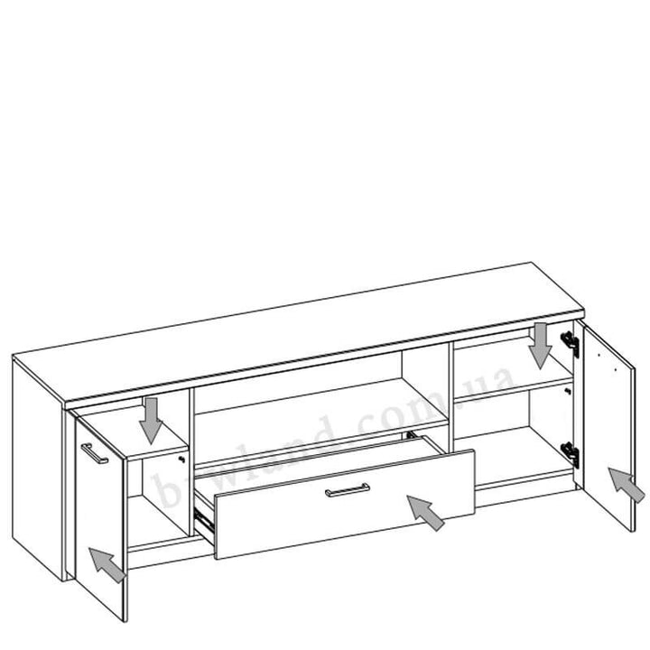 На фото схема наповнення тумби під телевізор DOORSET MEBELBOS 2D1S/180