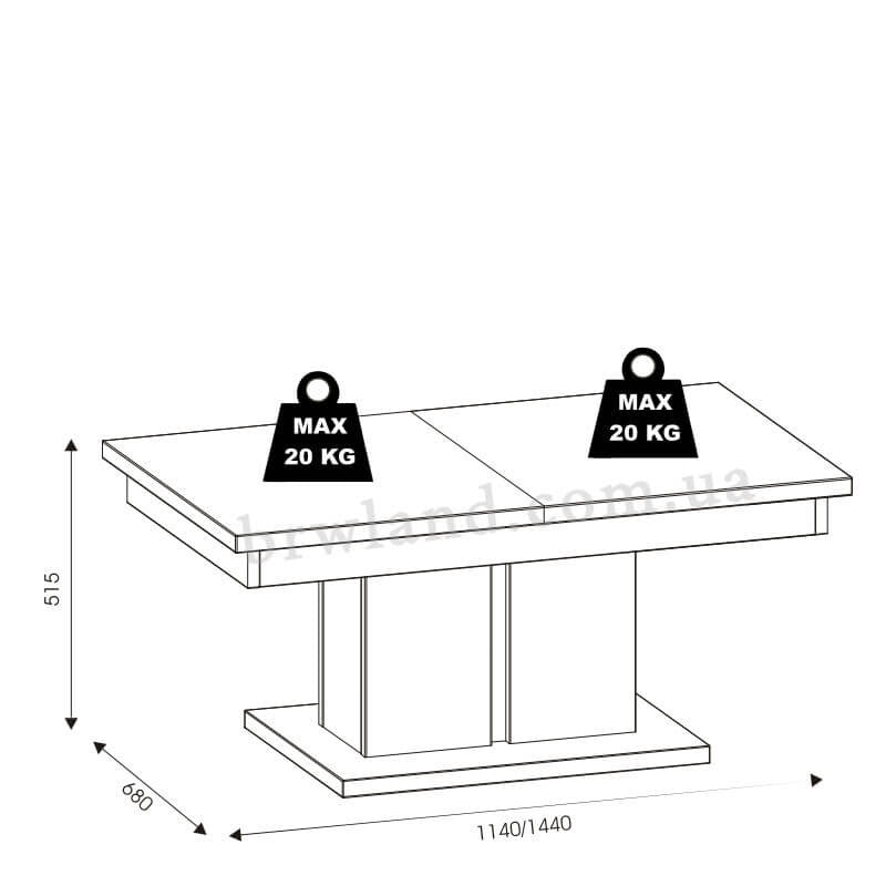 На фото схема із розмірами журнального столика DORIAN LIVEO DN11
