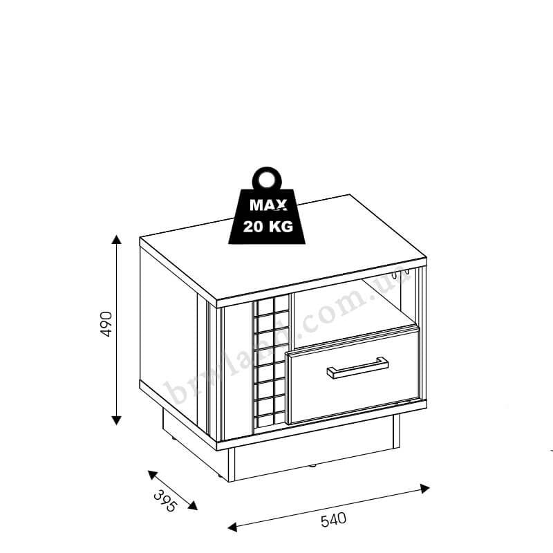 На фото схема з розмірами приліжкової тумбочки DORIAN LIVEO DN15