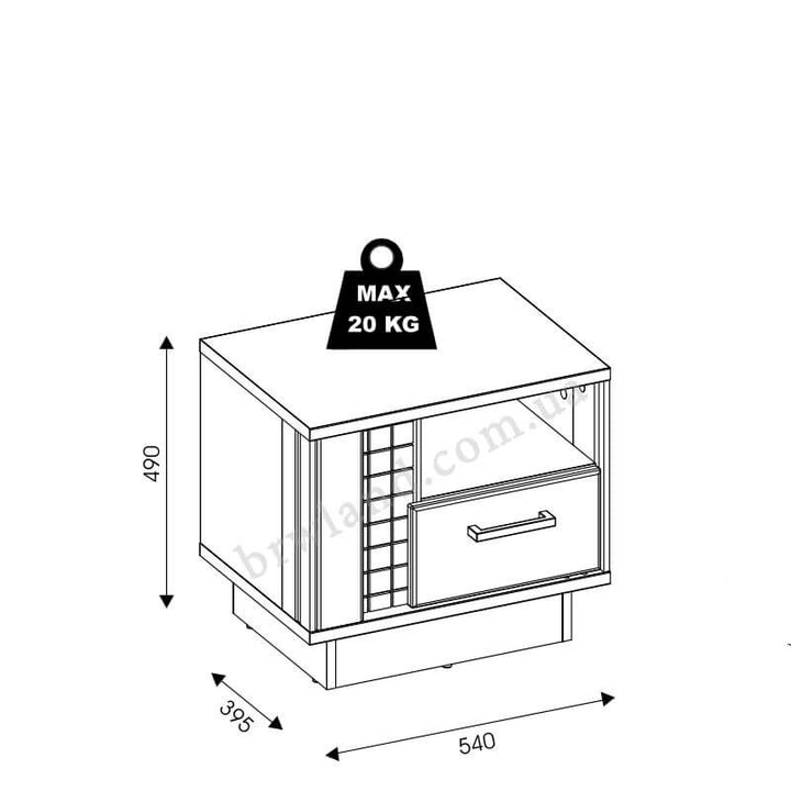 На фото схема з розмірами приліжкової тумбочки DORIAN LIVEO DN15