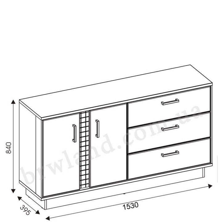 На фото схема із розмірами комоду DORIAN LIVEO DN3