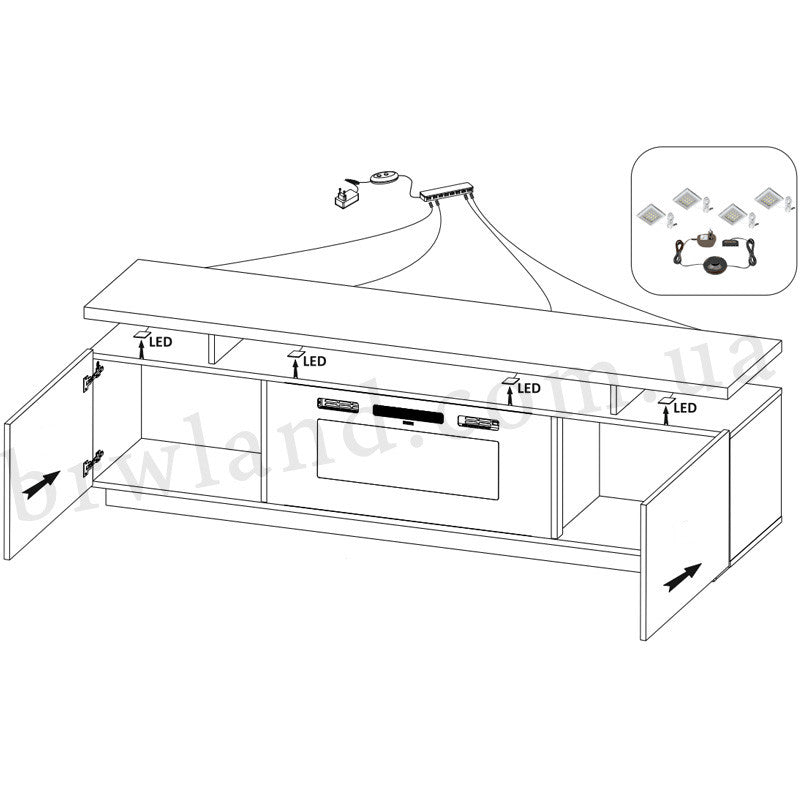 На фото схема наповнення та підключення підсвітки тумби ТВ EVA CAMA з каміном