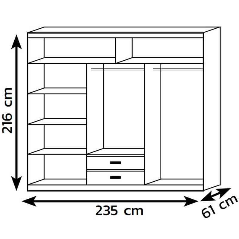 На фото схема наповнення та розмірів шафи-купе FADO LIVEO 235 горіх селект