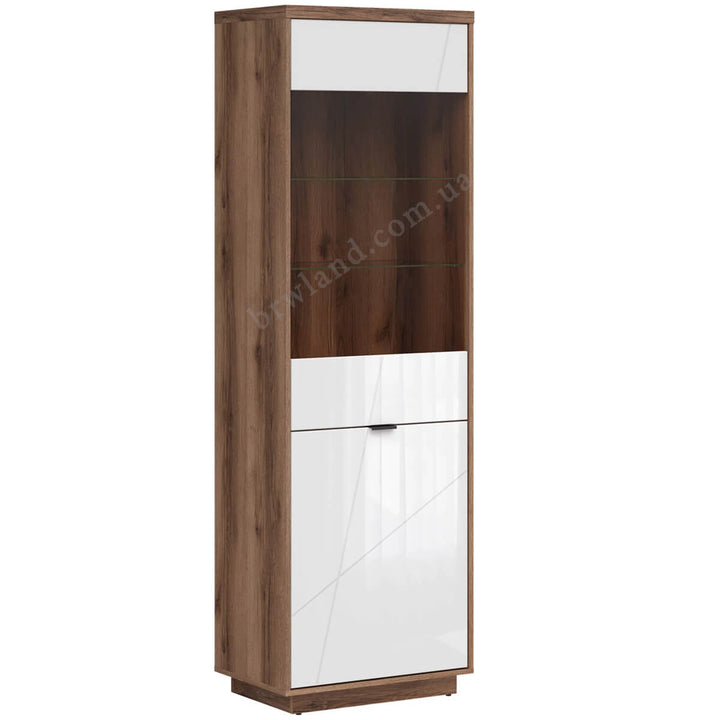 Фото вигляду збоку вітрини FORN BRW REG1D1W дуб делано темний / білий глянець