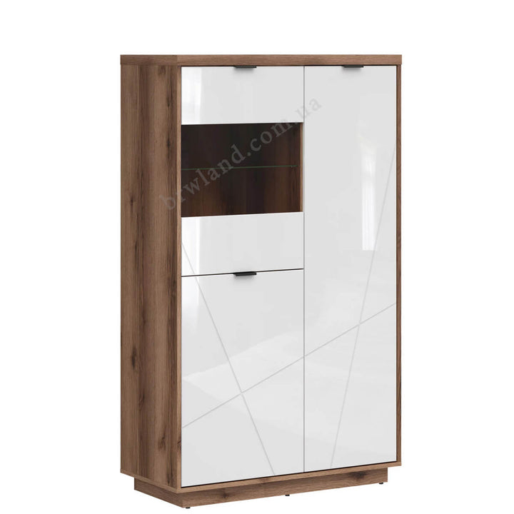 Фото вигляду збоку вітрини FORN BRW REG2D1W дуб делано темний / білий глянець