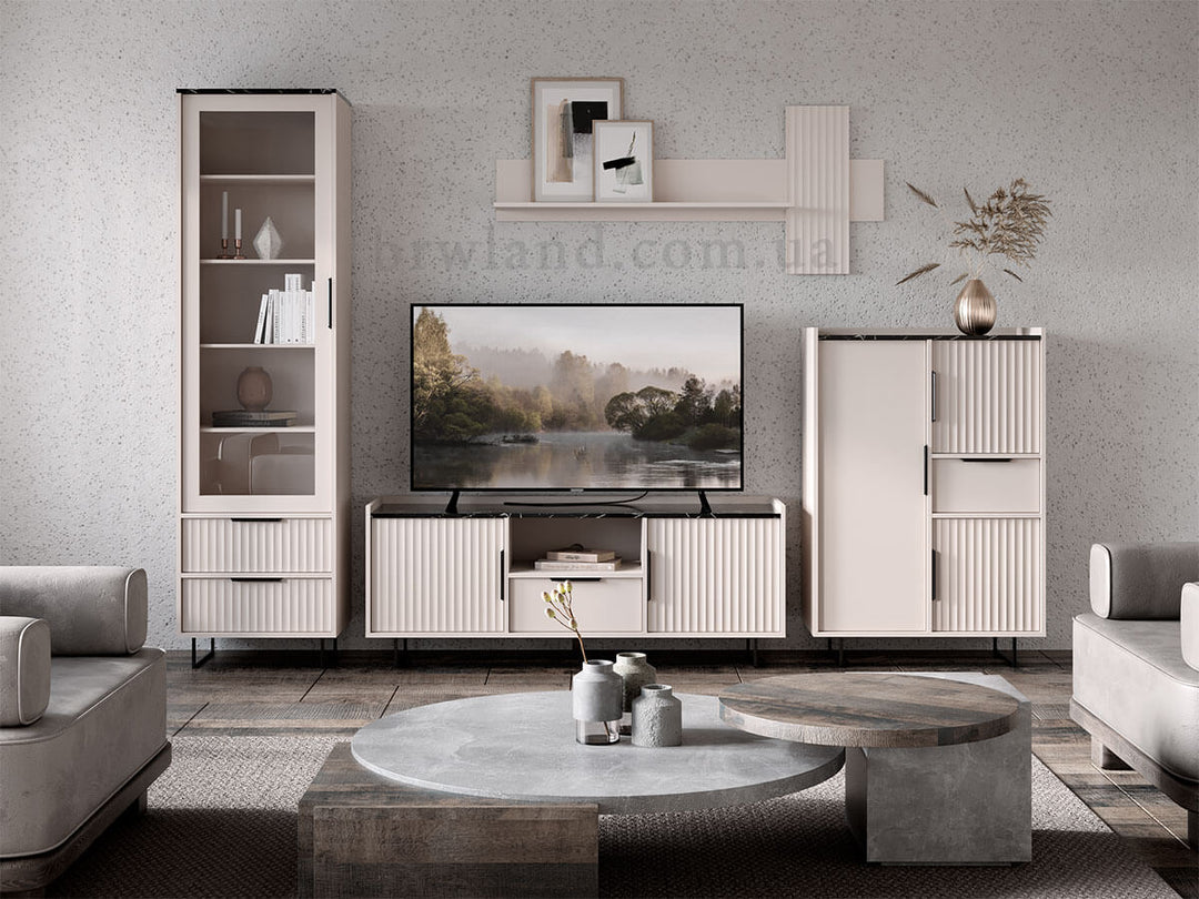 Фото тумби ФРЕСКО БРВ REG3D1S кашемір / темний мармур в інтер'єрі вітальні