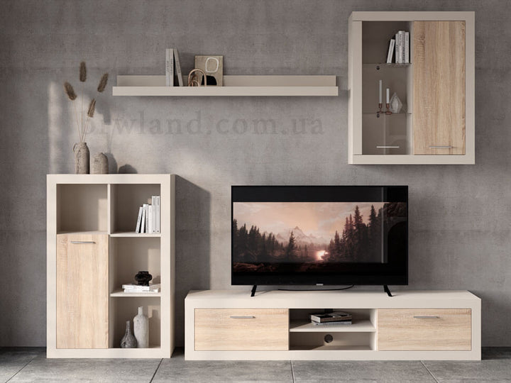 Фото стінки у вітальню САНСЕТ БРВ  з підсвіткою кашемір / дуб сонома