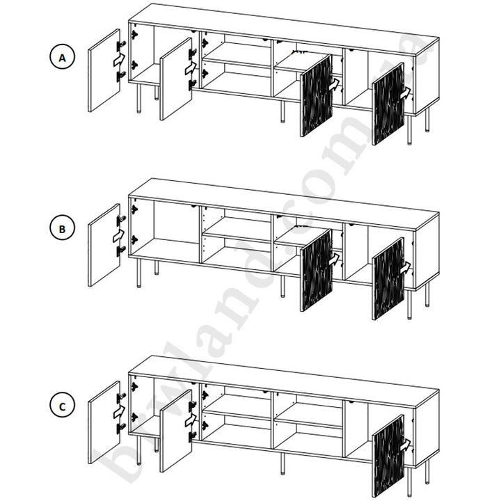 На фото схема з варіантами встановлення фасадів тумби ТВ 190 JUNGLE CAMA