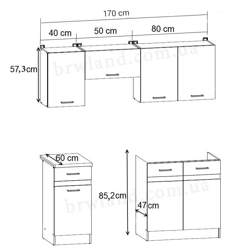 На фото схема з розмірами кухонного гарнітуру JUNONA LINE 170 ZBL BRW делано світлий