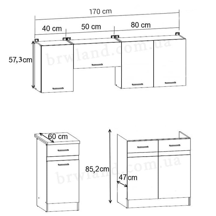 На фото схема з розмірами кухонного гарнітуру JUNONA LINE 170 ZBL BRW делано світлий