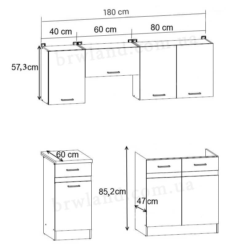 На фото схема із розмірами кухонного гарнітуру JUNONA LINE 180 ZBL BRW сонома