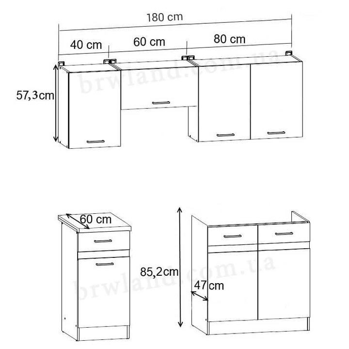 На фото схема із розмірами кухонного гарнітуру JUNONA LINE 180 ZBL BRW сонома