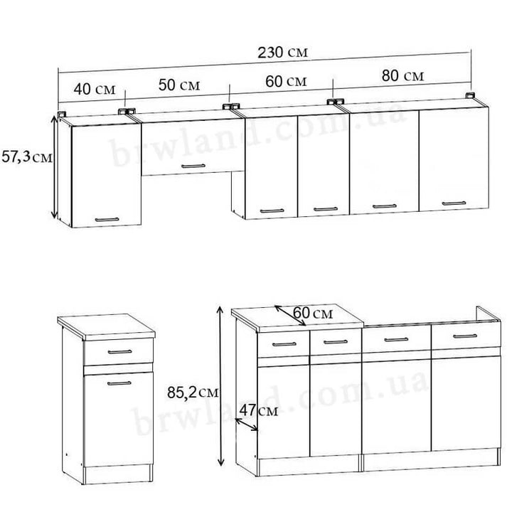 На фото схема з розмірами кухні JUNONA LINE 230 ZBL BRW делано світлий
