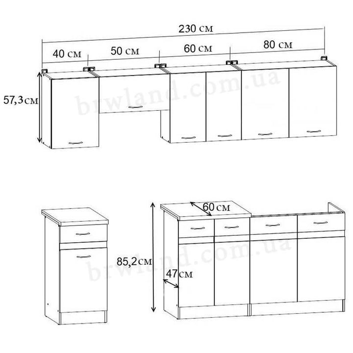 На фото схема із розмірами кухні JUNONA LINE 230 ZBL BRW сонома