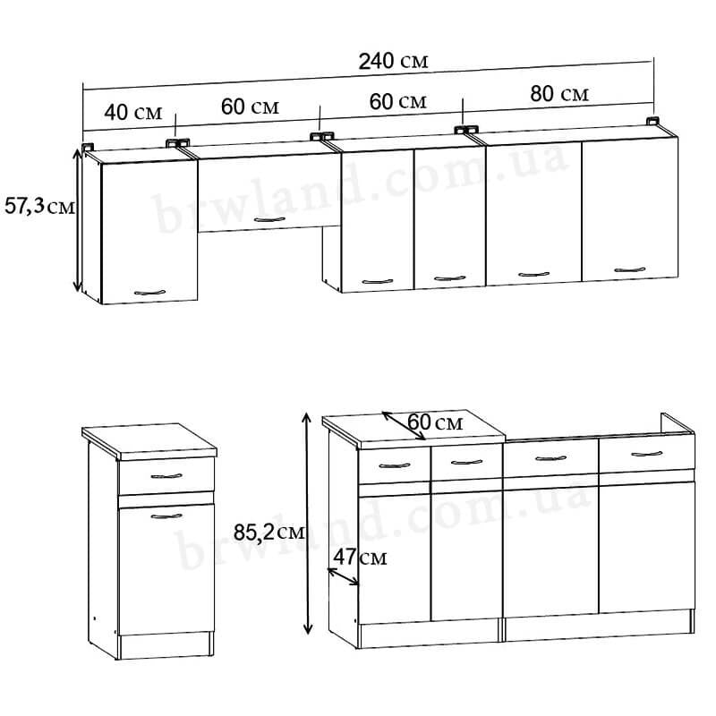 На фото схема із розмірами кухні JUNONA LINE 240 ZBL BRW сонома