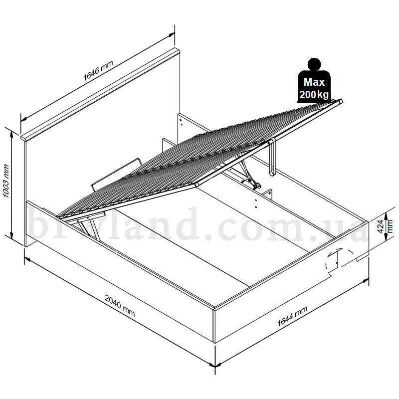 На фото схема з розмірами та наповненням ліжка з підйомним механізмом MAIO BRW LOZ/160