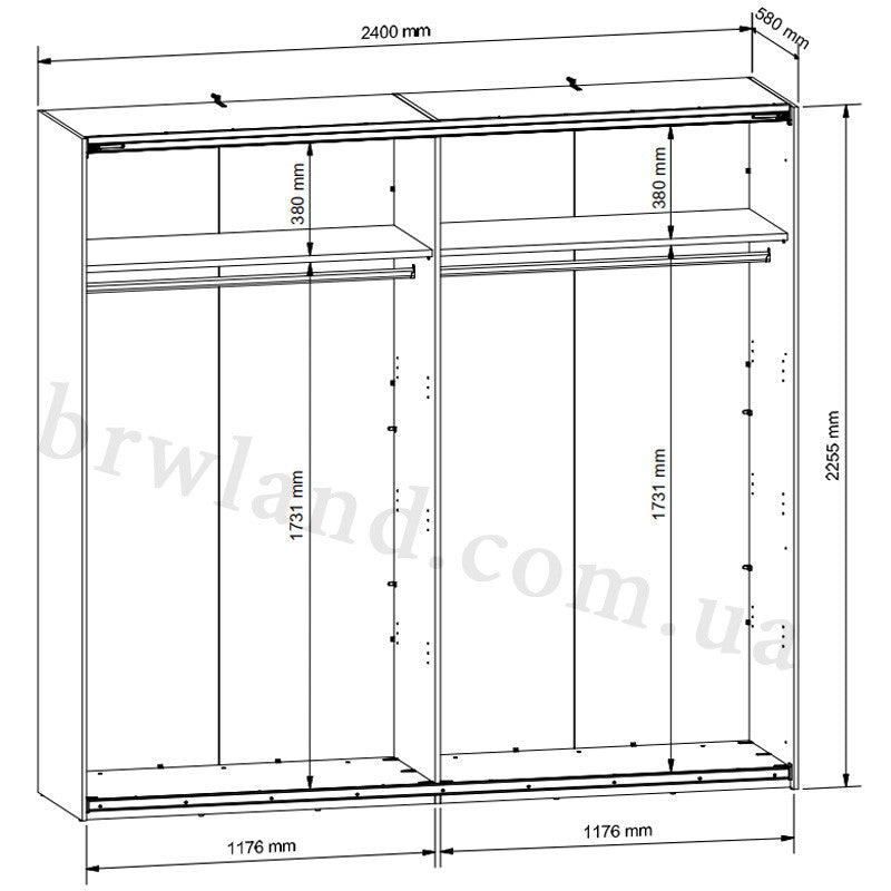 На фото схема з розмірами та наповненням шафи-купе MAIO BRW SZF/240