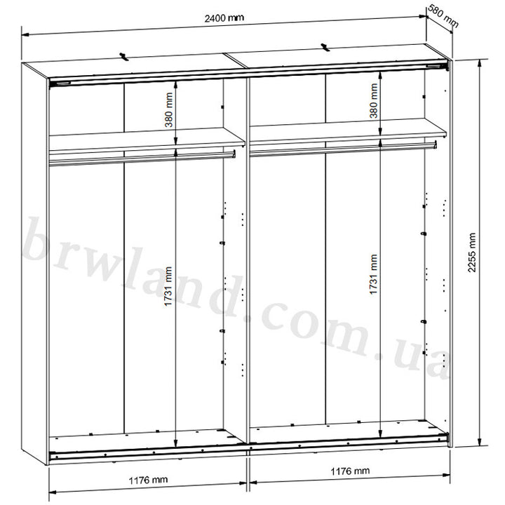 На фото схема з розмірами та наповненням шафи-купе MAIO BRW SZF/240
