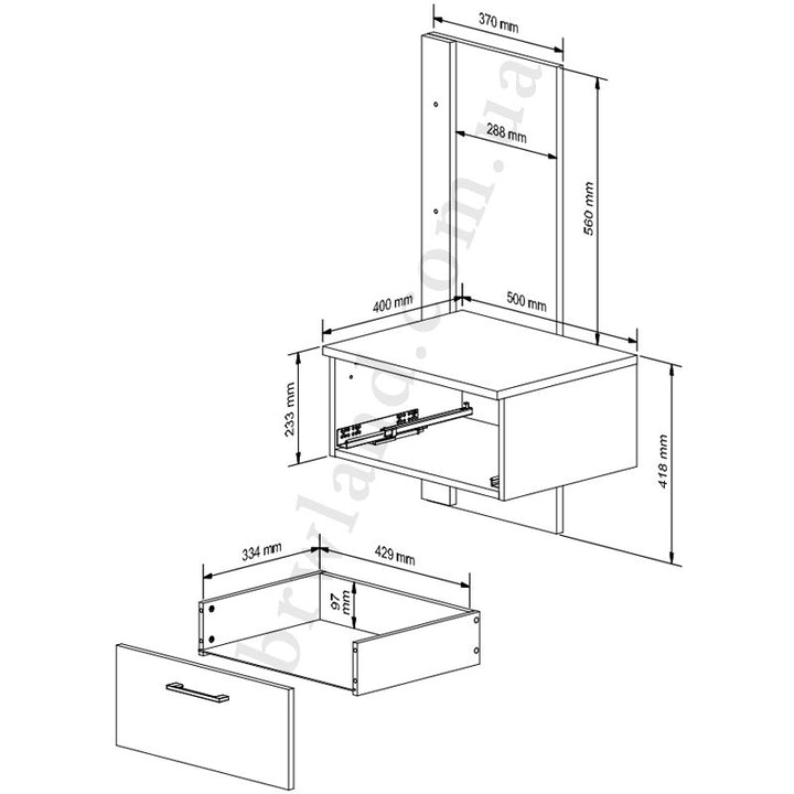 На фото схема з розмірами та наповненням правої приліжкової тумби MAIO BRW KOM1S/P