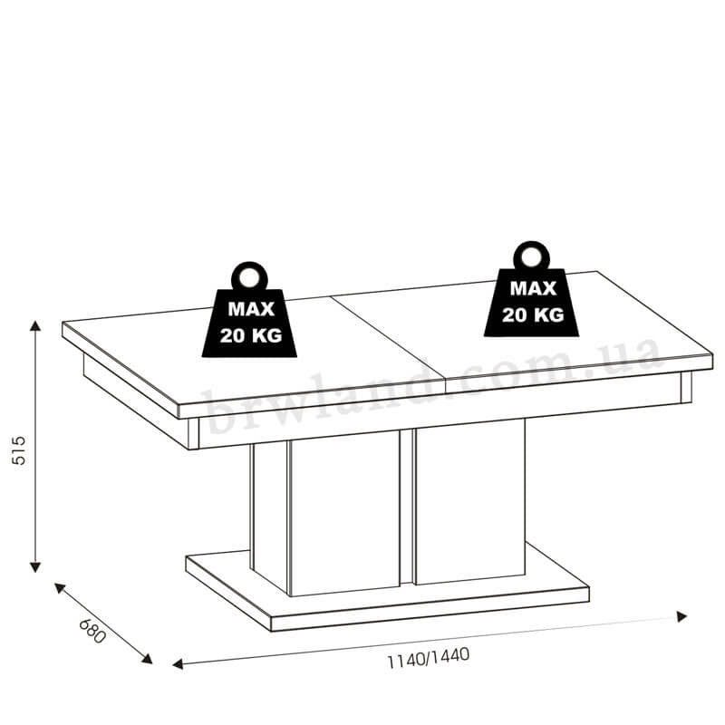 На фото схема із розмірами журнального столика MARCO LIVEO MR11