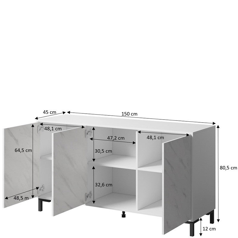 На фото схема з розмірами комоду 150 3D MARMO CAMA білий / білий мрамор