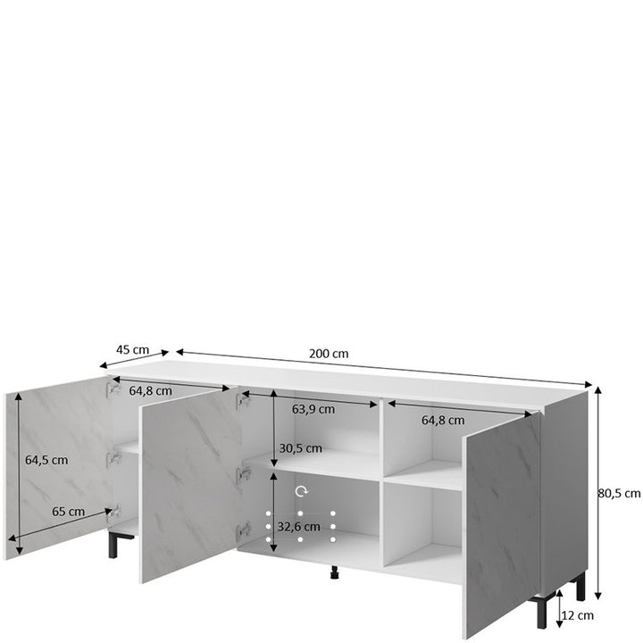 На фото схема з розмірами комоду 200 3D MARMO CAMA білий / білий мрамор