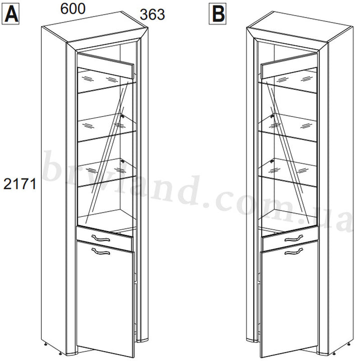 На фото схема розмірів вітрини SAPORI MEBELBOS 1D1W