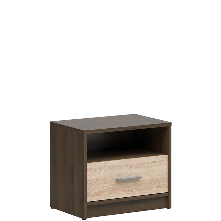 Фото вигляду збоку приліжкової тумбочки NEPO PLUS KOM1S BRW дуб шляхетний / дуб сонома