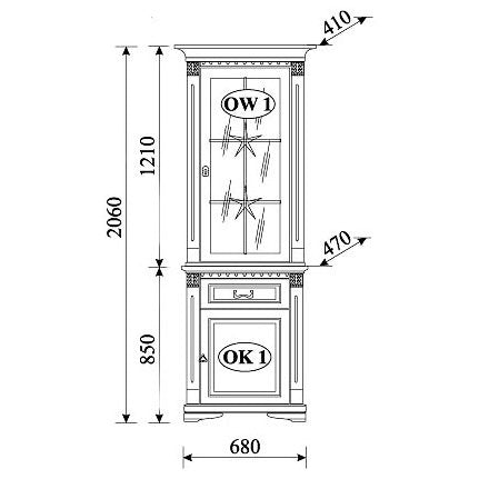 На фото схема з розмірами комоду ORFEUSZ TARANKO OK-1 у комплекті з вітриною-надставкою OK-1