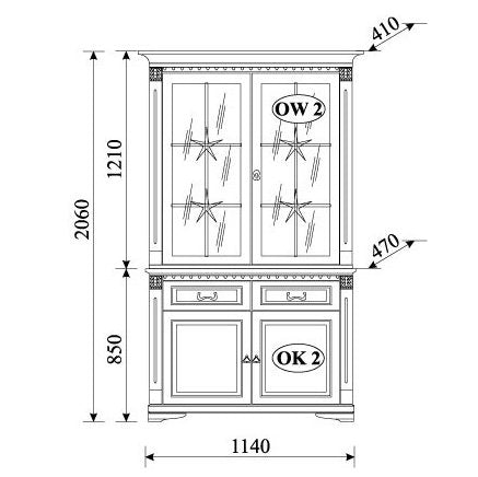 На фото схема з розмірами комода ORFEUSZ TARANKO OK-2 у комплекті з вітриною-надставкою OW-2