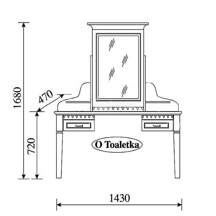 На фото схема з розмірами туалетного столика ORFEUSZ TARANKO O-LT