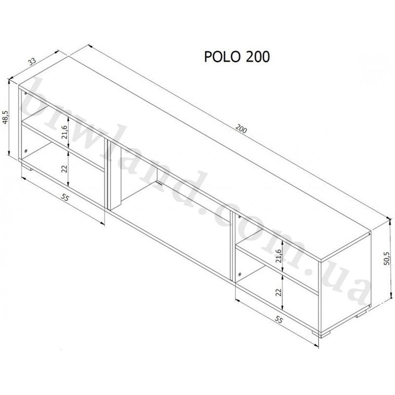 На фото схема з розмірами тумби ТВ 200 EF POLO CAMA білий з чорним електрокаміном