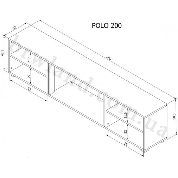 На фото схема з розмірами тумби ТВ 200 EF POLO CAMA білий з чорним електрокаміном