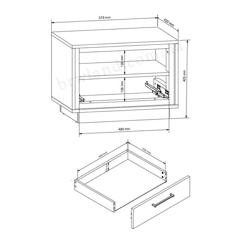 На фото схема з розмірами приліжкової тумбочки PONT BRW KOM1S
