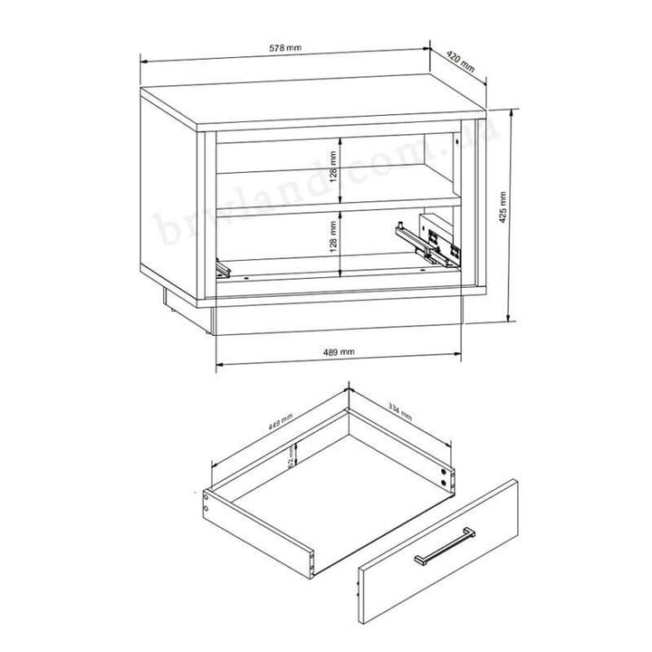 На фото схема з розмірами приліжкової тумбочки PONT BRW KOM1S