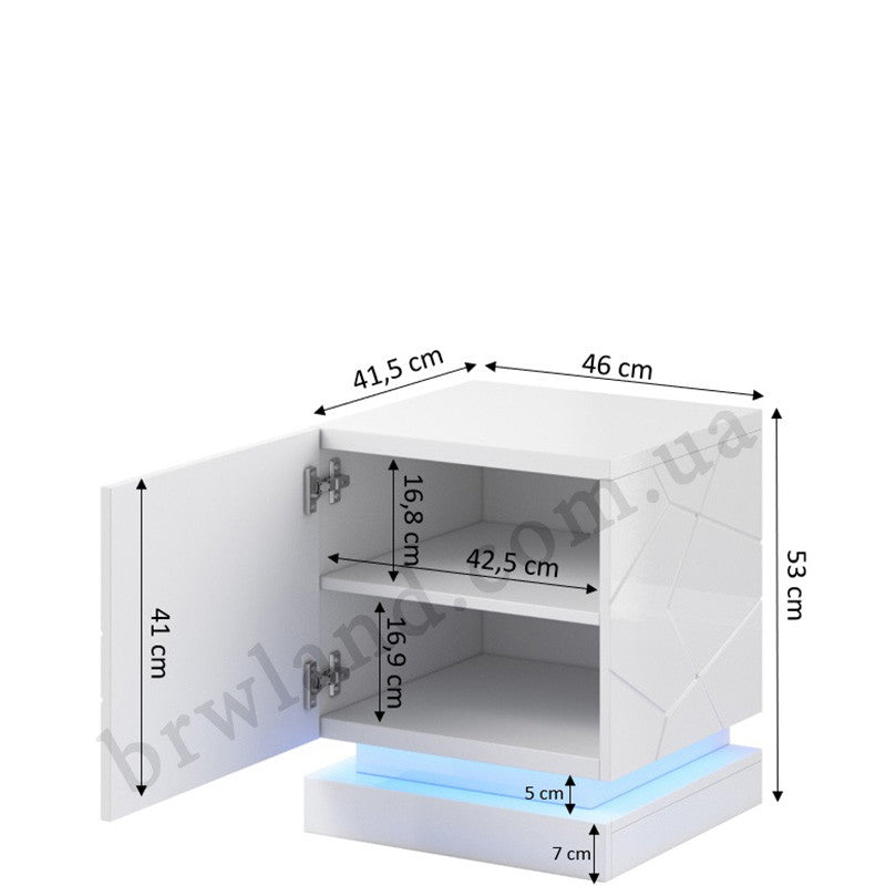 На фото схема з розмірами приліжкової тумбочки QIU CAMA білий глянець