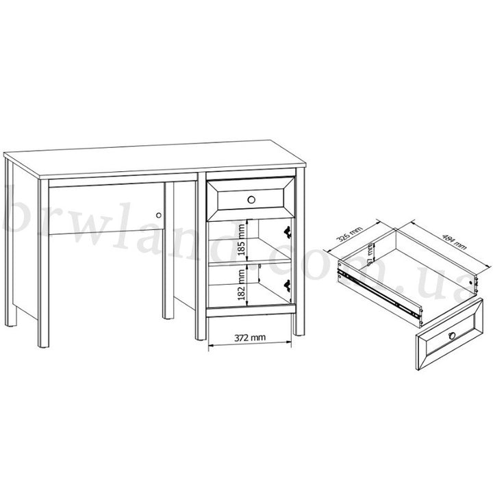 На фото схема з розмірами та наповненням письмового столу SALGA BRW BIU1D1S