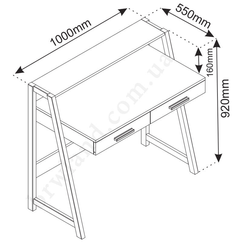 На фото схема з розмірами письмового столу СТЕКА ВМВ 2S