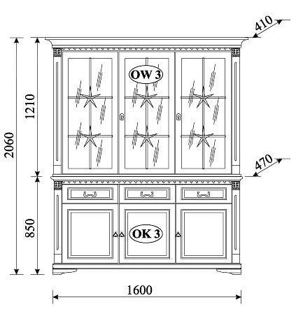 На фото схема з розмірами комоду ORFEUSZ TARANKO OK-3 у комплекті з вітриною-надставкою OW-3