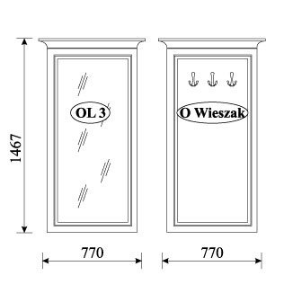 На фото схема із розмірами дзеркала ORFEUSZ TARANKO OL-3 та вішалки O-WP