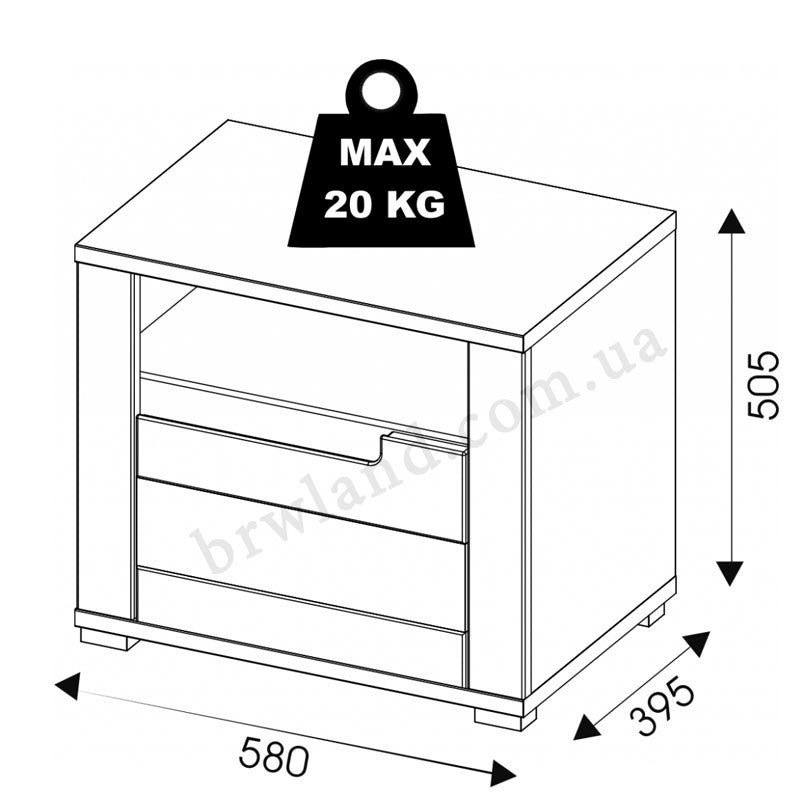 На фото схема з розмірами правої приліжкової тумбочки YORK LIVEO Y17