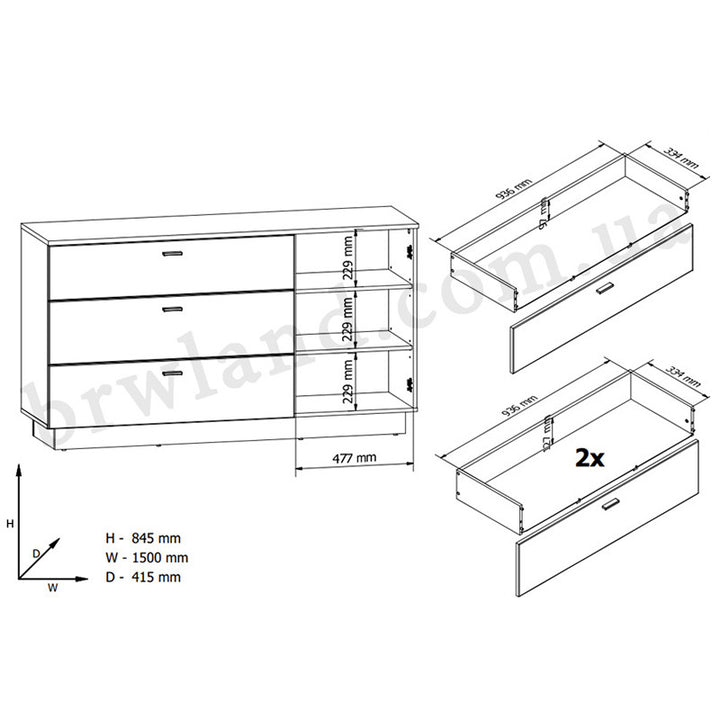 Фото схеми з розмірами комоду ZENDA BRW KOM1D3S