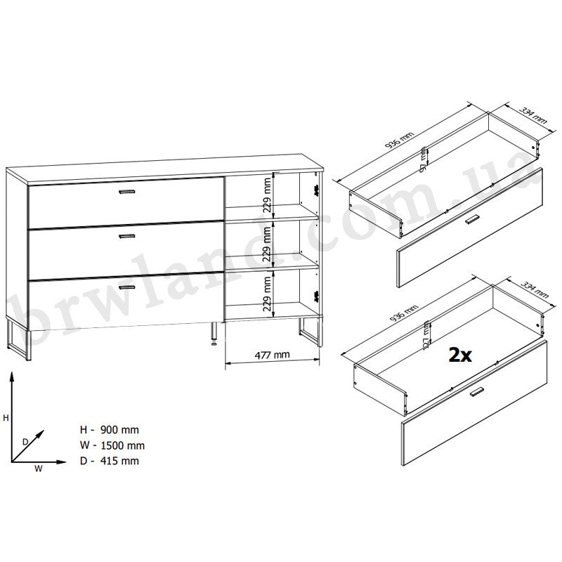 Фото схеми з розмірами комоду ZENDA BRW KOM1D3S/U