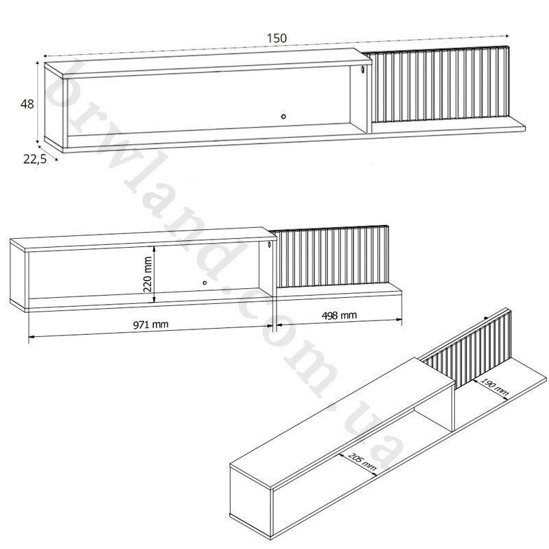 Фото схеми з розмірами полиці ZENDA BRW POL/150