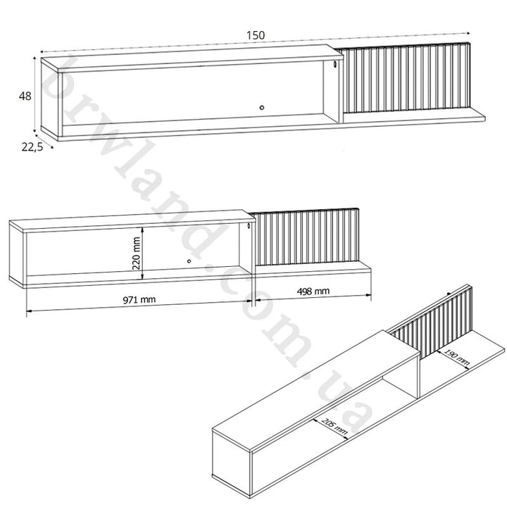 Фото схеми з розмірами полиці ZENDA BRW POL/150